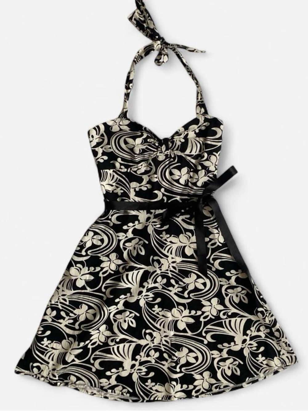 Vintage Y2K black & white floral halter mini dress